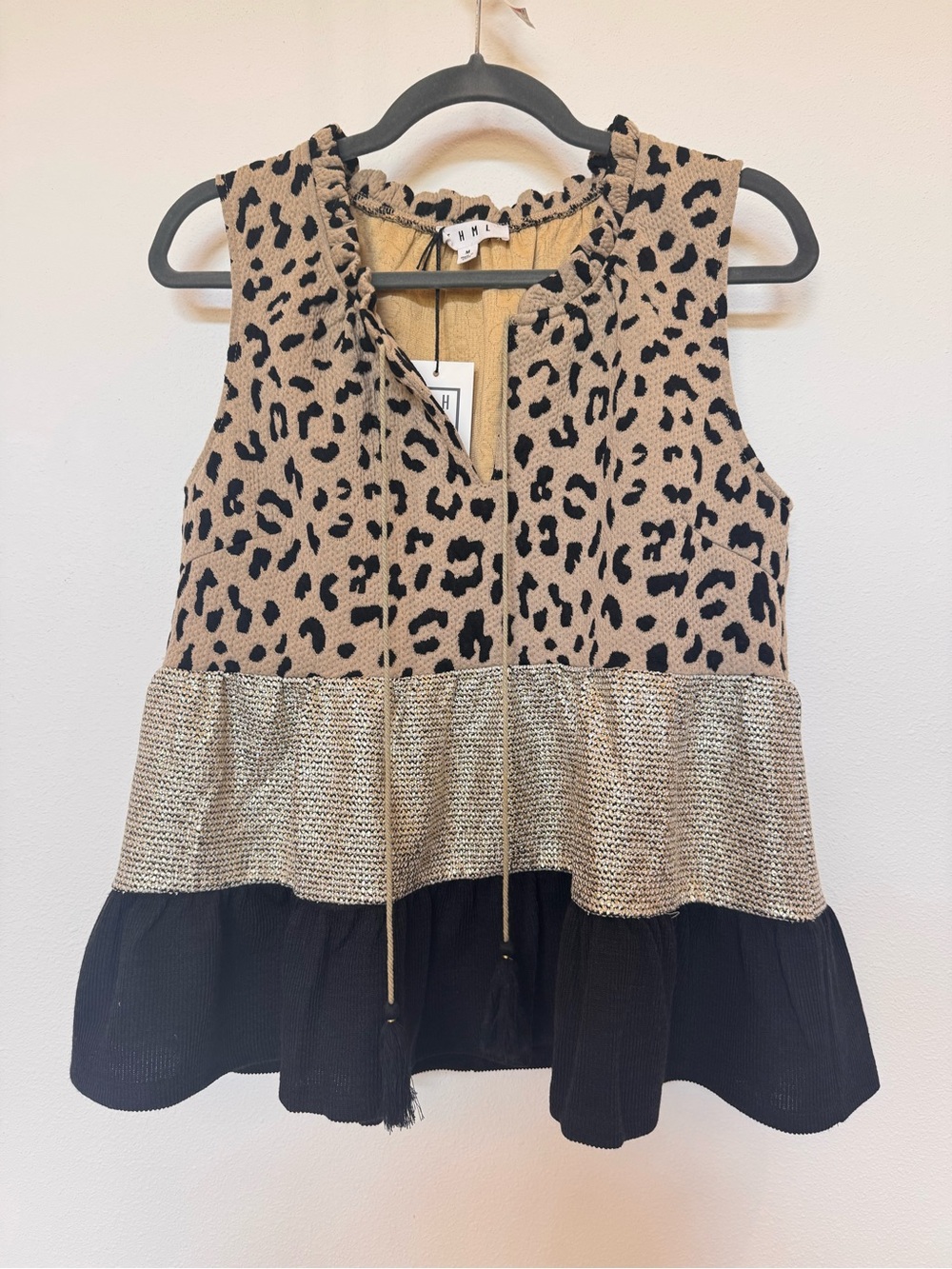 THML Leopard Print Tiered Peplum Tunic - Black & Tan